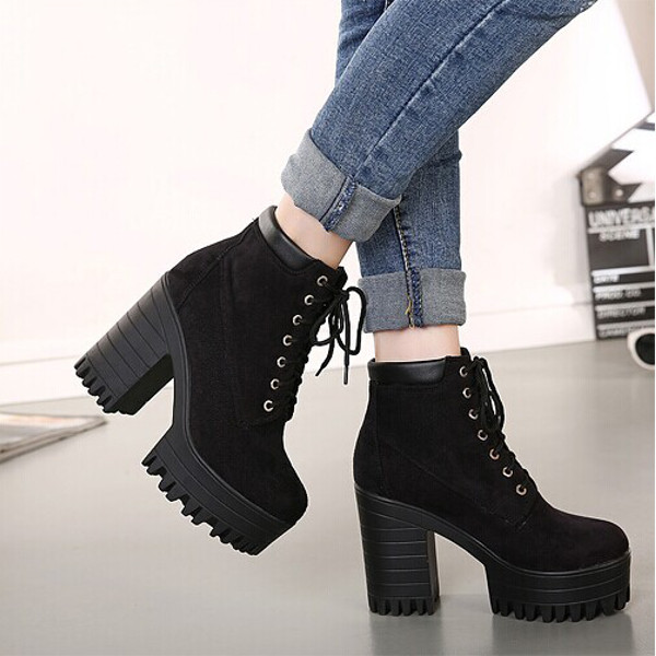Lace Up Chunky Heel Platform Ankle Boots